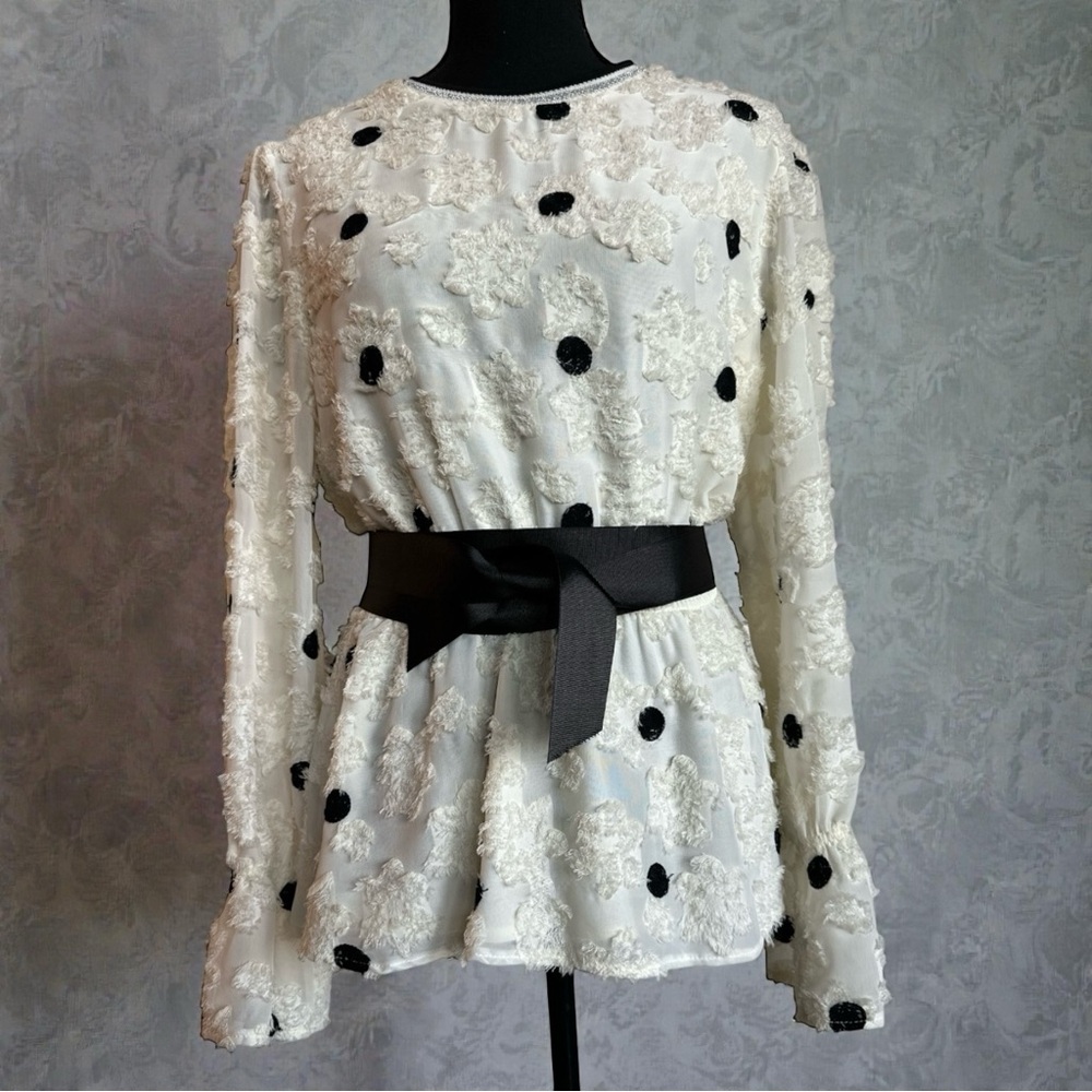 Ivory 3D Floral Textured Polka Dot Peplum Top Sheer Bell Sleeves Blouse- M